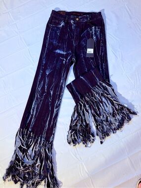 Purple Candy Fringed Wide-Leg Jeans in Deep Blue